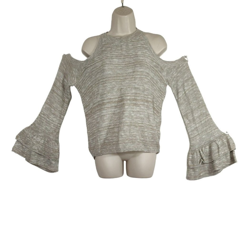Two-One-Two Studio Sweater Cold Shoulder Women Size L Tan Space Dye Bell Sleeve